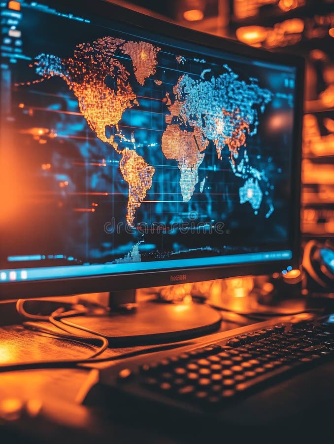 Global Network and Data Visualization on Computer Screen. A computer screen displays a world map with glowing dots, representing global network connectivity and data flow. The image evokes concepts of globalization, technology, communication, interconnectedness, and digital transformation. Generative AI