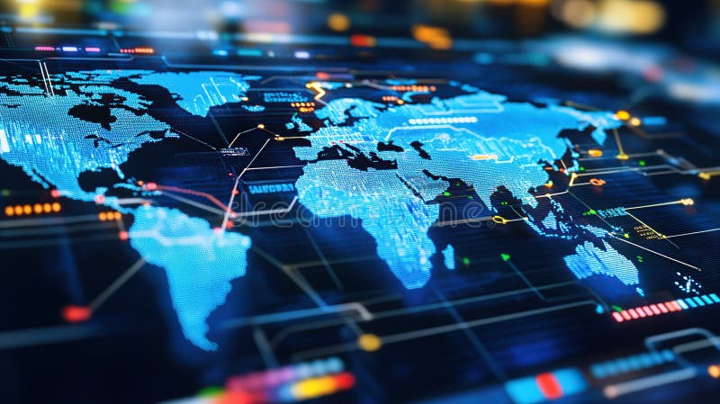 Global network data visualization, digital map, city lights background, futuristic technology stock photos