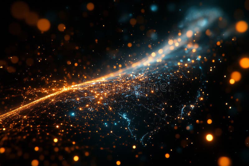 Global network and digital world map illuminating data connections on dark background. Abstract digital world map with glowing network connections and bokeh effect, representing global communication and data flow