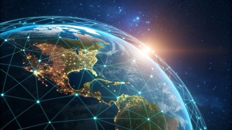 Global Network Earth\'s Interconnectedness, Digital Grid Composition stock illustration