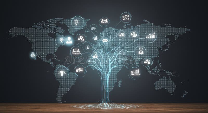 Global Network Growth Tree Abstract of a glowing tree symbolizing global network growth and interconnectedness with icons stock illustration