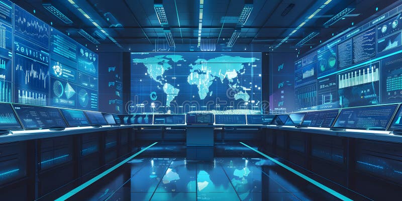 Global Network Monitoring System: Advanced Data Visualization and Analysis in a Futuristic Control Room, Showcasing Real-time Data Streams and Interactive World Map Displays for Efficient Decision-Making. Generative AI image , seamless texture. Advanced artificial intelligence administration stock images, royalty-free photos and pictures