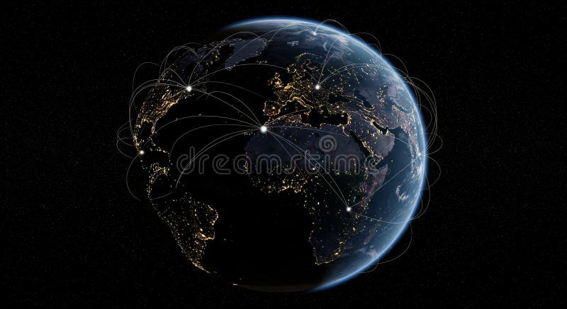 Global Network Night View Earth Global connectivity network worldwide communication technological advancement future royalty free illustration