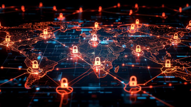 Global network visualization highlighting online security and encryption technology in a digital landscape royalty free stock photos