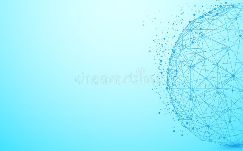 Global network wireframe and lines and triangles, point connecting network on blue background. royalty free illustration