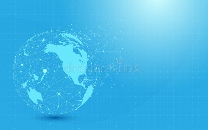Global network with World map point and lines and triangles, point connecting network on blue background. vector illustration