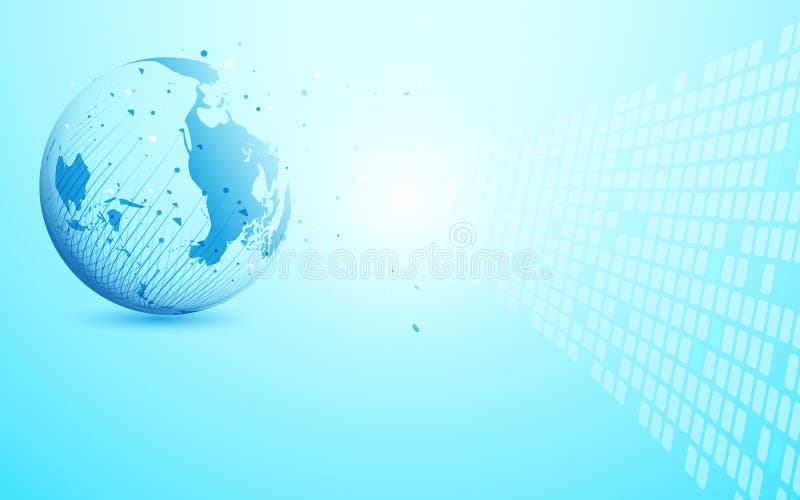 Global network with World map point and lines and triangles, point connecting network on blue background. Illustration vector. royalty free illustration