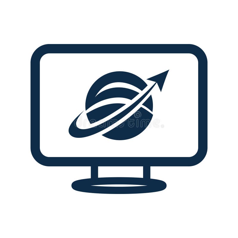 A professional blue vector icon featuring a computer monitor displaying a globe with a dynamic rising arrow. World wide web computer vectors