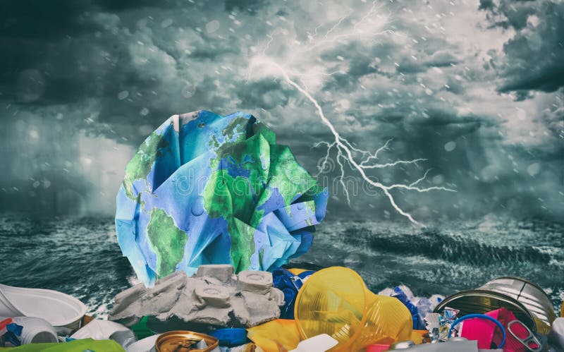 A global ocean plastic garbage pollutionon on the planet vector illustration