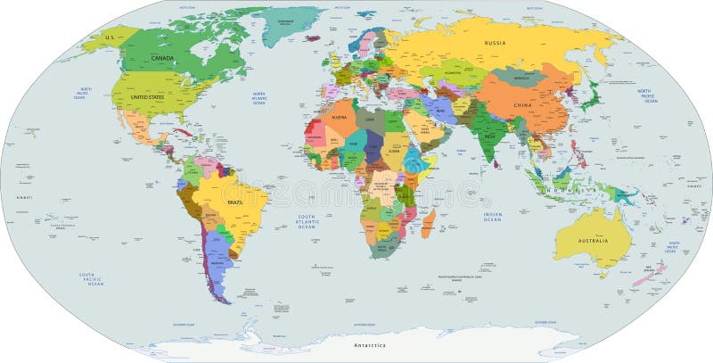 Globale politische Karte der Welt, Hauptstädte und wichtige Stadt enthalten, Vektor.