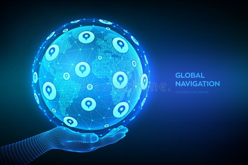 Global Positioning System. GPS tracking services. Navigation concept. Navigate mapping technology, locate position pin. World map royalty free illustration