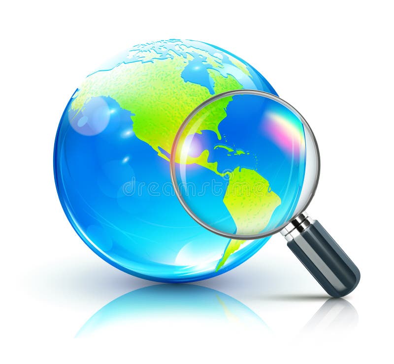 Vector illustration of global search concept with blue glossy globe showing the Americas and magnifying glass