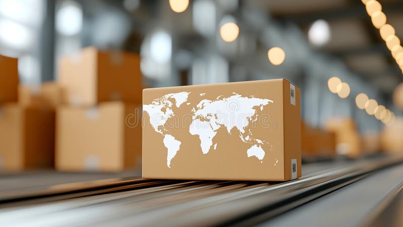 Global shipping package on conveyor belt in distribution center royalty free illustration