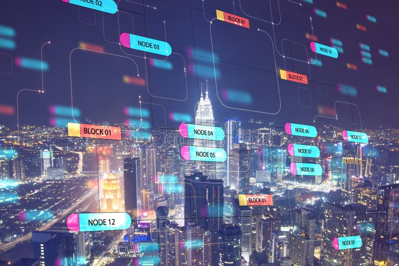 Global technology concept with digital node tree screen and night megapolis city