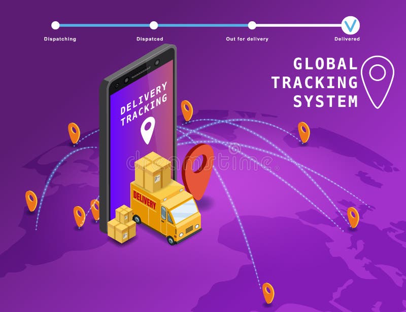 Global tracking system Delivery service online isometric design met smartphone, truck, boxen op map Earth GPS royalty-vrije illustratie Global tracking system Delivery service online isometric design met smartphone, truck, boxen op map Earth GPS royalty-vrije illustratie