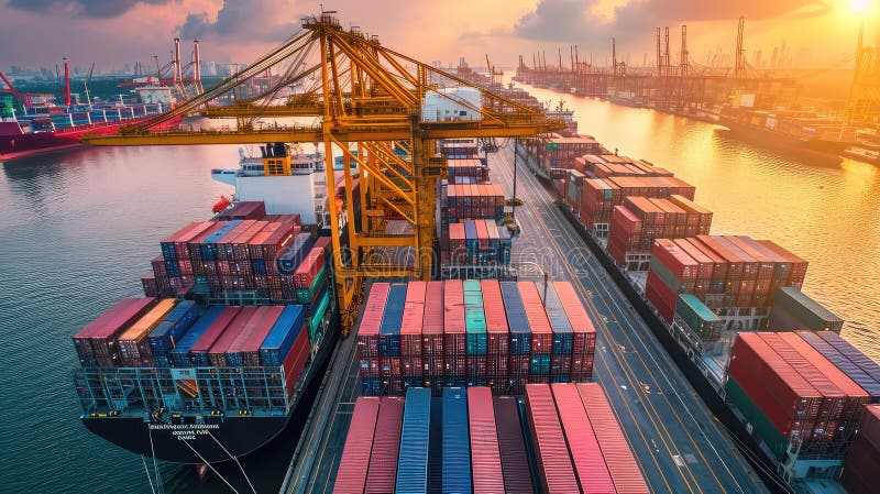 Global Transportation and Logistic Network Distribution Growth: Container Cargo Ship and Industrial Freight Trucks for stock images