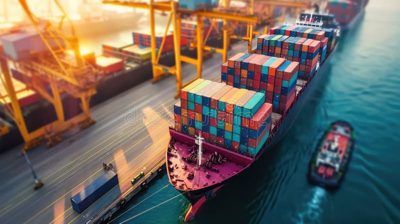 Global Transportation and Logistic Network Distribution Growth: Container Cargo Ship and Industrial Freight Trucks for royalty free stock photo