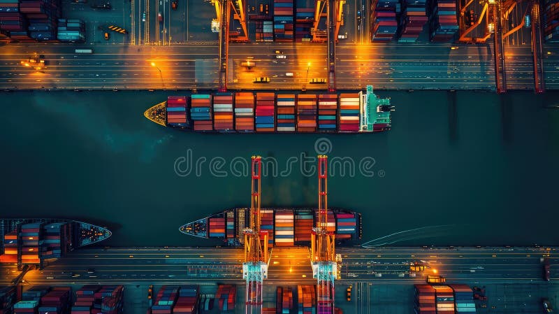 Global Transportation and Logistic Network Distribution Growth: Container Cargo Ship and Industrial Freight Trucks for royalty free stock image