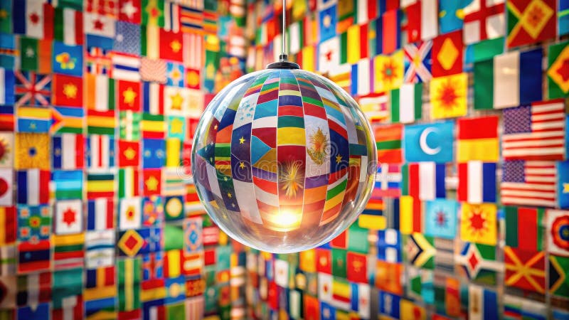 Global unity a transparent orb reflecting the diverse flags of the world\'s nations. Generative AI stock illustration