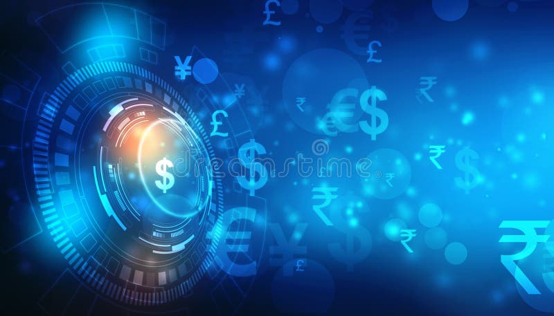 Global valuta på teknologibakgrund, pengaröverföring, aktiemarknadbegrepp