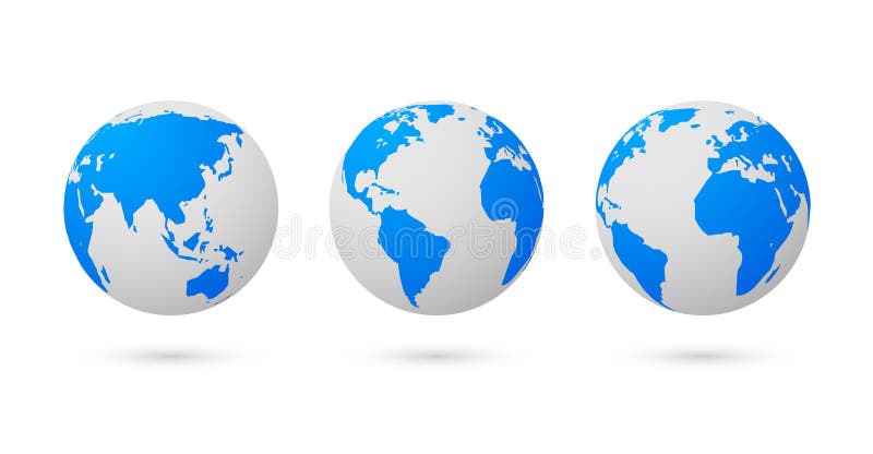 Global vektorkarta över jordjorden 3d blå, transparent digitaljordglob, uppsättning av ikoner royaltyfri illustrationer