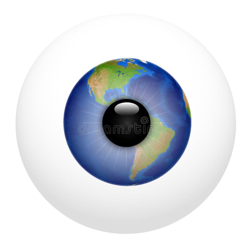 Eye ball with a world map in the iris centered on the America Hemisphere. Eye ball with a world map in the iris centered on the America Hemisphere