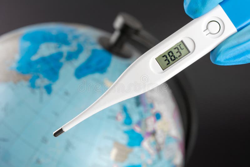 Illustration of global warming and climate change. Sick earth with digital electronic thermometer. Medical thermometer display 38. 3 degrees celsius inscription. earth globe blurred in black background. World climate change stock images, royalty-free photos and pictures