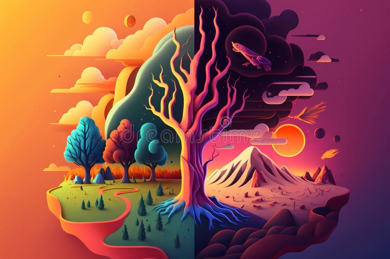 Global warming concept. Mirror composition. On one half of the planeti the forest and nature are preserved, and on the other half stock illustration