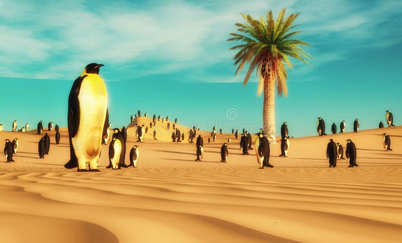 Group of penguins standing in the desert .