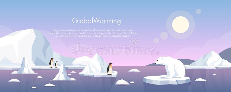 Global warming ice landscape vector illustration, cartoon flat penguins group and polar bear floating on iceberg of