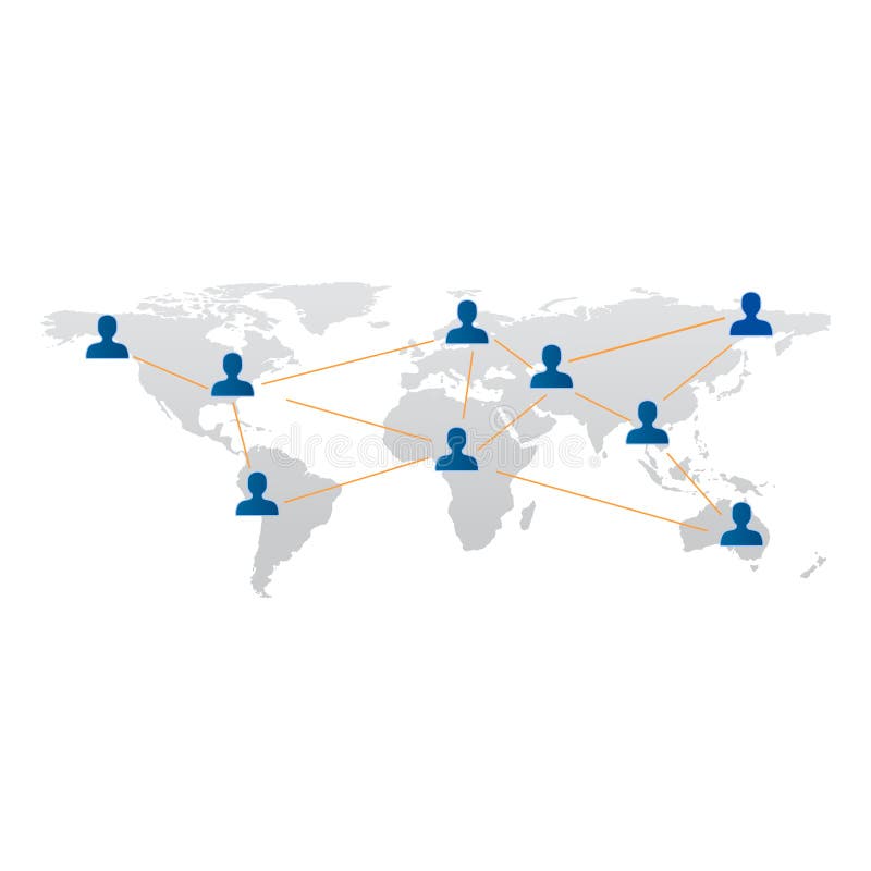 Illustrazione vettoriale di una mappa del mondo con gli utenti, collegati tra di loro da una comunità di rete.