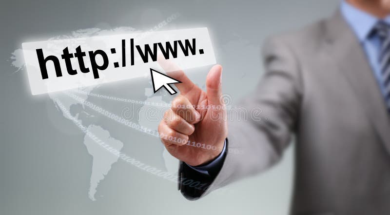 Businessman entering web page address on computer with cursor arrow, global communications and internet concept. Businessman entering web page address on computer with cursor arrow, global communications and internet concept