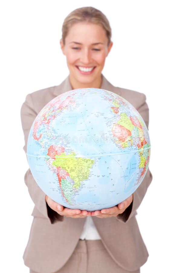 Charismatic businesswoman smiling at global business expansion against a white background. Charismatic businesswoman smiling at global business expansion against a white background