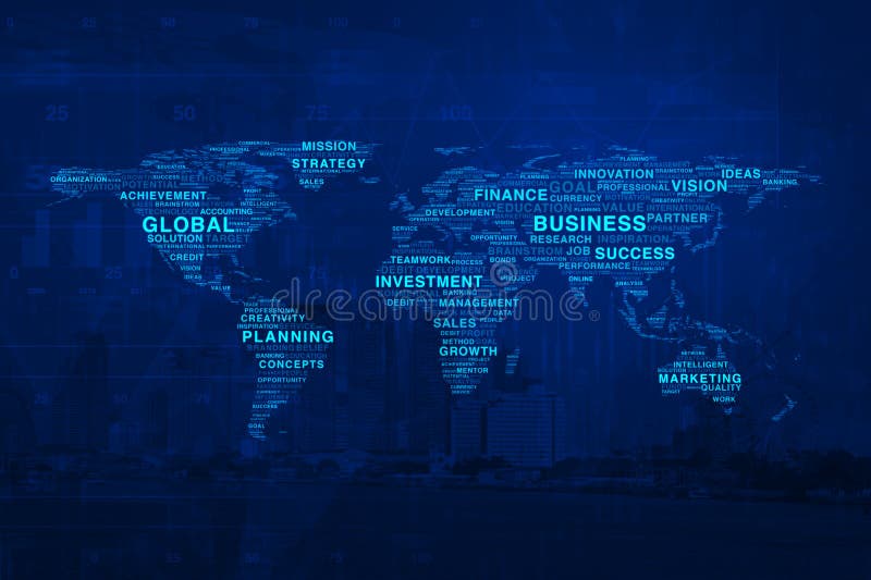Globale bedrijfswoordenkaart op stad en grafiekachtergrond, Elementen royalty-vrije stock afbeelding Globale bedrijfswoordenkaart op stad en grafiekachtergrond, Elementen royalty-vrije stock afbeelding