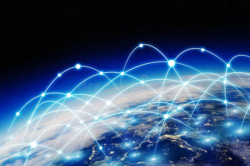 Globale netwerk en gegevensuitwisseling over de wereld stock illustratie Globale netwerk en gegevensuitwisseling over de wereld stock illustratie