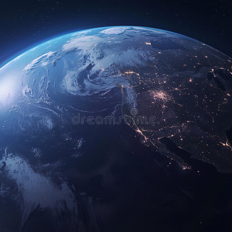 Globale Perspektive 3d Abbildung der Erde mit atemberaubenden Nachtlichtern lizenzfreie abbildung