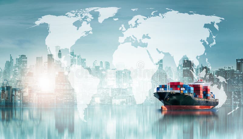 Globaler Unternehmenslogistik-Import-export Hintergrund und Behälterfrachtfrachtschiff