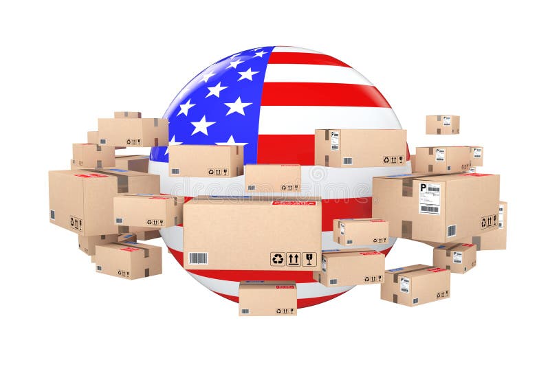 Globaler Versand und logistisches Konzept Bereich mit USA-Flagge Surro vektor abbildung Globaler Versand und logistisches Konzept Bereich mit USA-Flagge Surro vektor abbildung