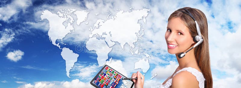 Globales internationales Kommunikationskonzept des Call-Center-Betreibers lizenzfreie stockbilder Globales internationales Kommunikationskonzept des Call-Center-Betreibers lizenzfreie stockbilder