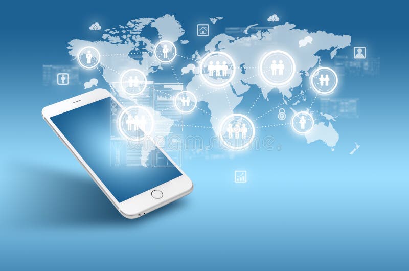 Globalisering eller socialt nätverksbegrepp med nya generationen av mobiltelefonen arkivfoto