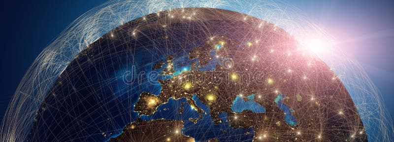 Globalization and communication concept. Earth and luminous rays. 3d rendering stock illustration