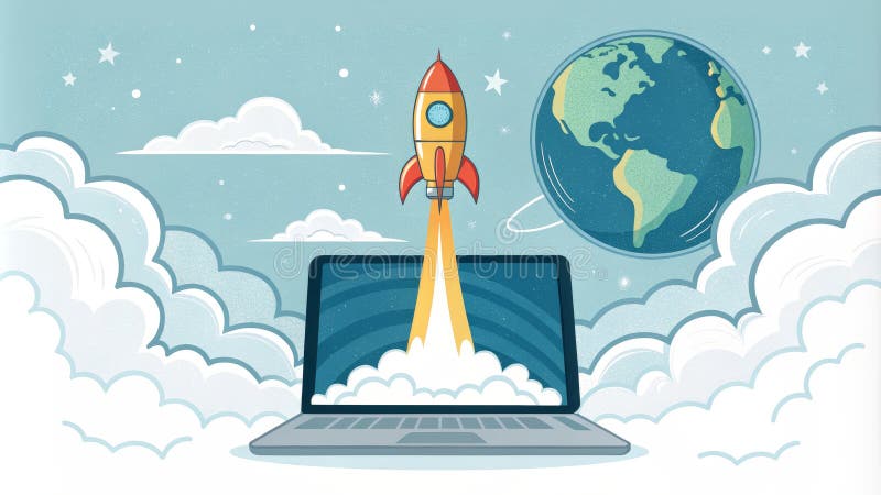 Globalna koncepcja uruchamiania aplikacji Laptop Rocket ilustracja wektor