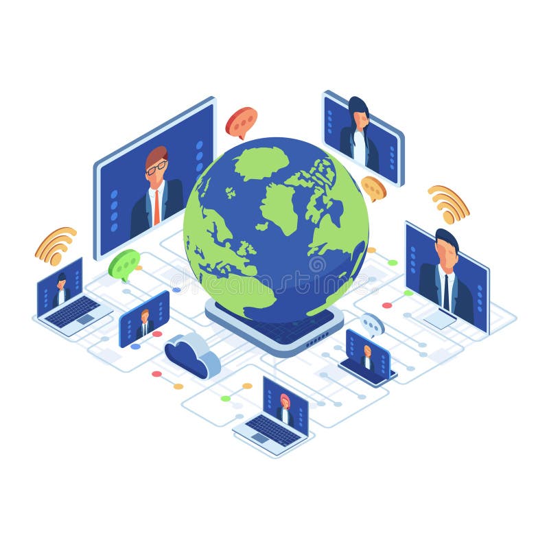 Globalna łączność izometryczna z konferencją zespołową przez Internet ilustracji