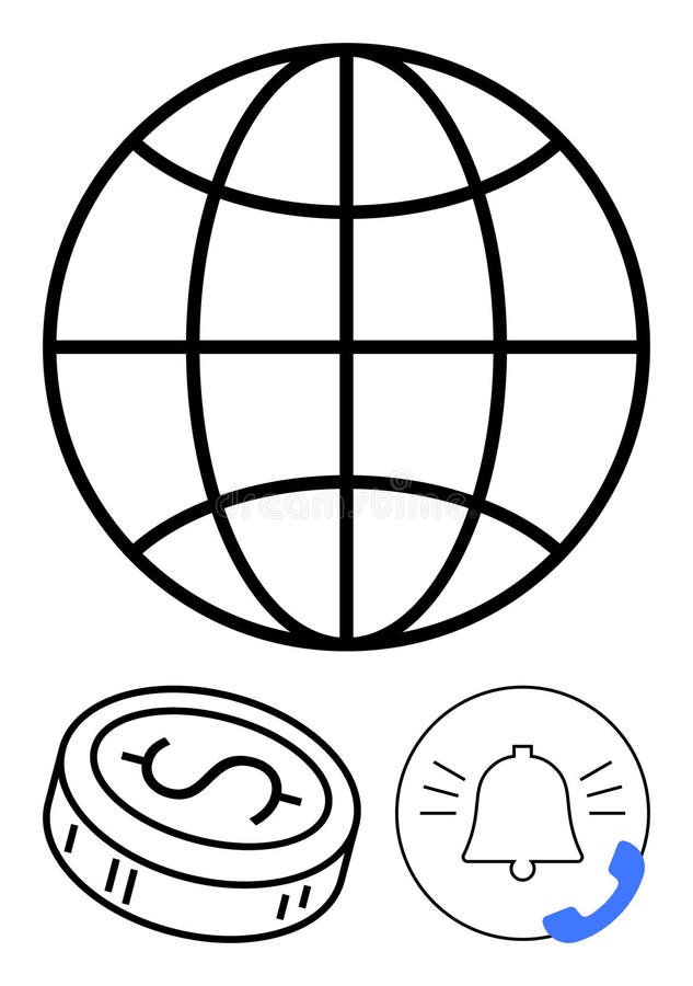 Globalna łączność z elementami finansowymi i powiadamiającymi w prostej sztuce liniowej ilustracji