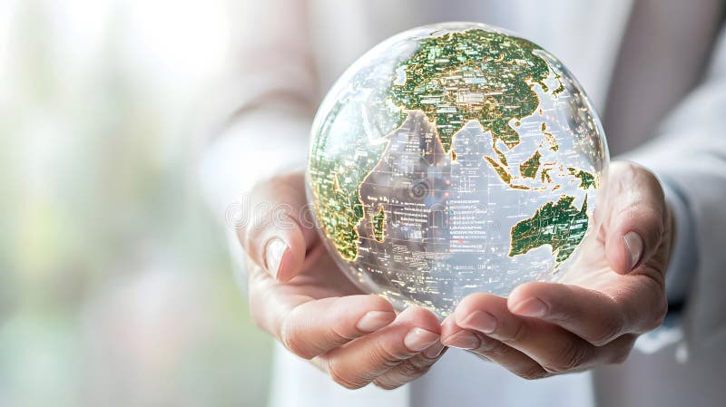 Globalne dłonie łączące trzymające oświetloną ziemię generowane przez ai. Delikatne zamykanie rąk na półprzezroczystym globie przedstawiającym oświetlone kontynenty i strumienie danych symbolizujące globalną łączność i odpowiedzialność środowiskową generowaną przez ai.