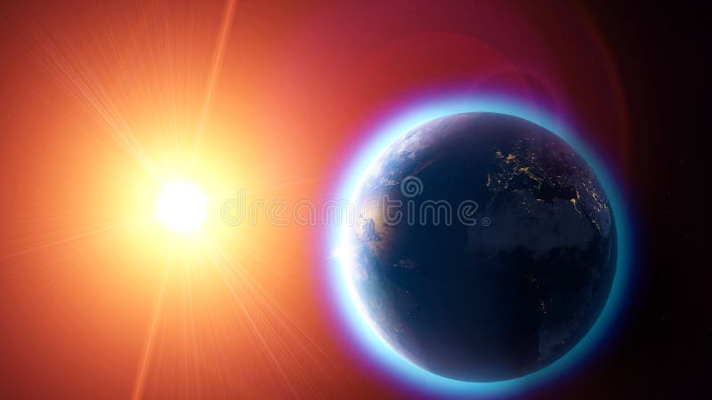Globalne ocieplenie, zmiana klimatu, satelitarny widok ziemia i słońce, Astronautyczny atmosfera i gwiazdo, ozon dziura