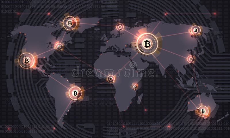 Globalny bitcoin Crypto waluty blockchain technologia i światowa mapa Crypto waluta handlu wektorowy abstrakcjonistyczny tło ilustracja wektor