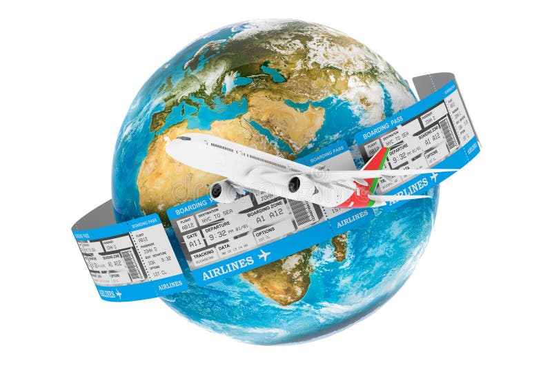 Globalt system för flygresor. jordglob med biljetter runt och flygplan 3d-rendering stock illustrationer