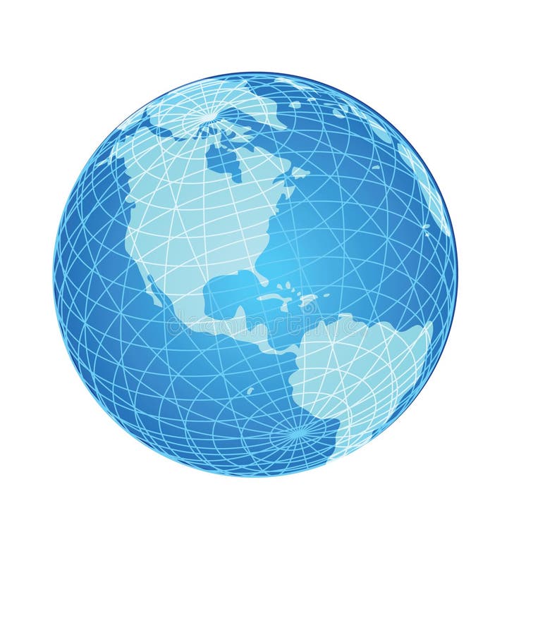 A three-dimensional view of a blue globe showing the western hemisphere and longitudinal - latitudinal lines.