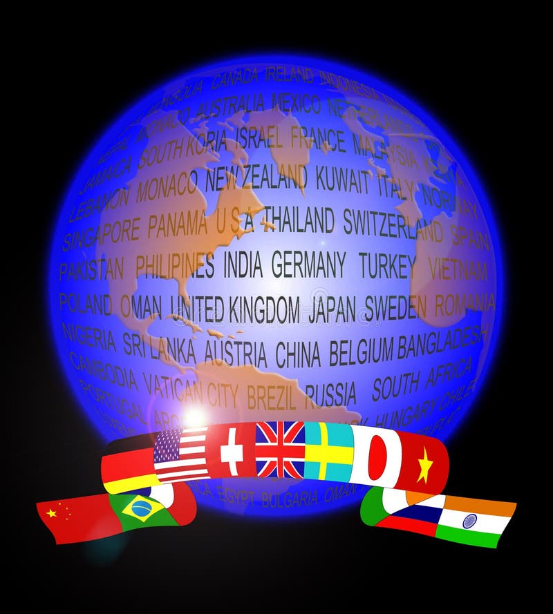 An abstract of globe showing a banner of flags inculding China,Brazil,Italy.Germany,USA,switzerland,England,Sweden, Japan,Vietnam,russia and India. An abstract of globe showing a banner of flags inculding China,Brazil,Italy.Germany,USA,switzerland,England,Sweden, Japan,Vietnam,russia and India